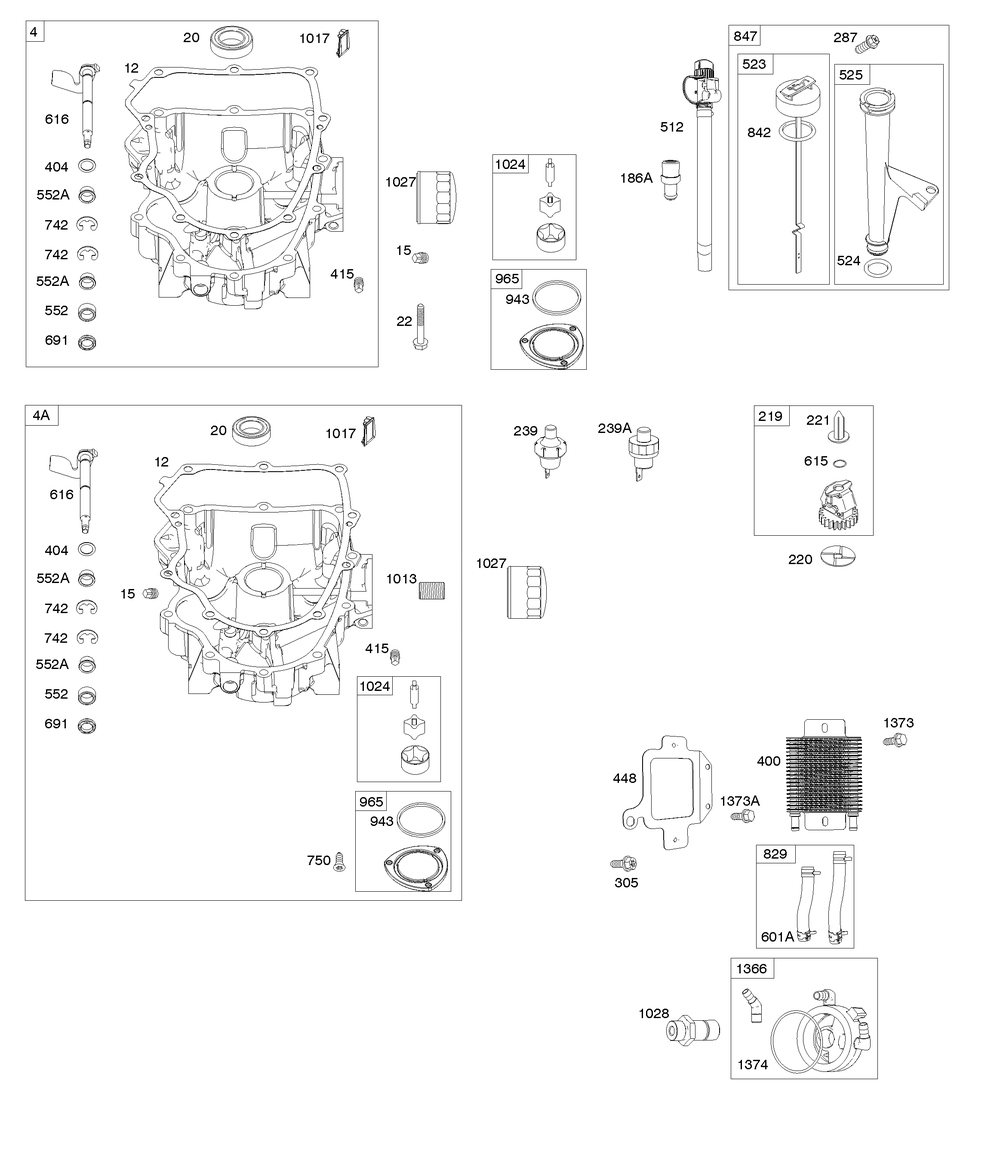 Engine Sump, Lubrication, Oil Cooler Diagram and Parts List for 44Q977-0277-B1 400000 - 699999 Briggs and Stratton Engine